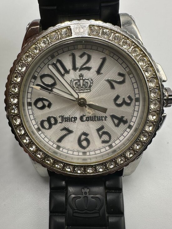 Juicy Couture Watch Women Silver Tone Crystal Bezel Black Silicone Band 8.5\